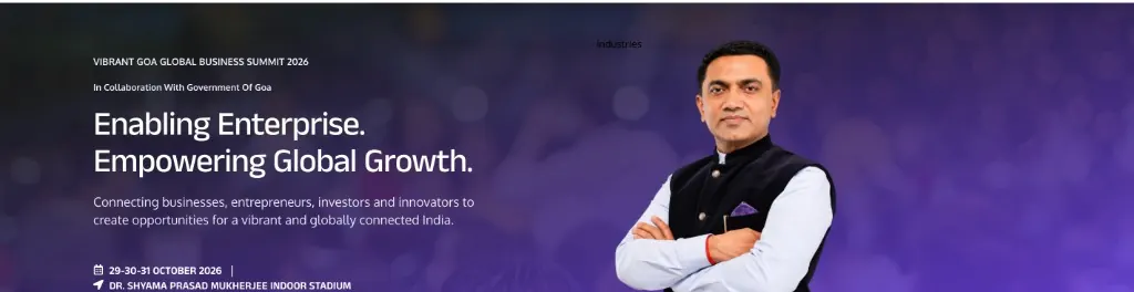 Official Vibrant Goa Global Business Summit 2026 hero featuring Dr. Pramod Sawant, Hon. Chief Minister of Goa